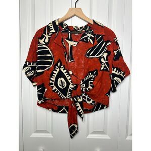 Vintage Virgo II Abstract Batik Tie Front Crop Top Blouse Red Black